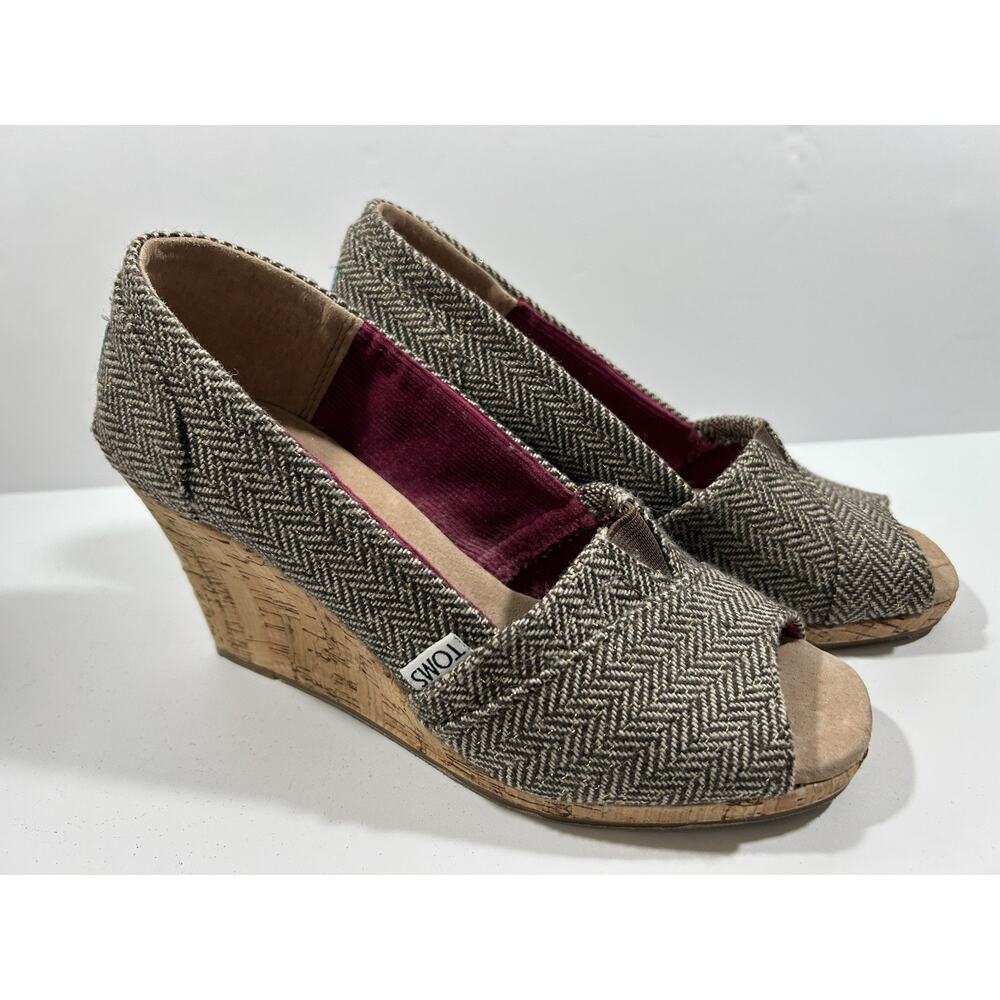 Toms Tweed Herringbone Brown Tan Peep Toe Cork Wedge Heel Women’s Size 6.5